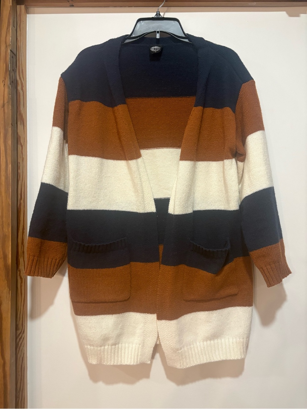 Striped Open-Front Cardigan Sweater - Navy, Brown, Cream
